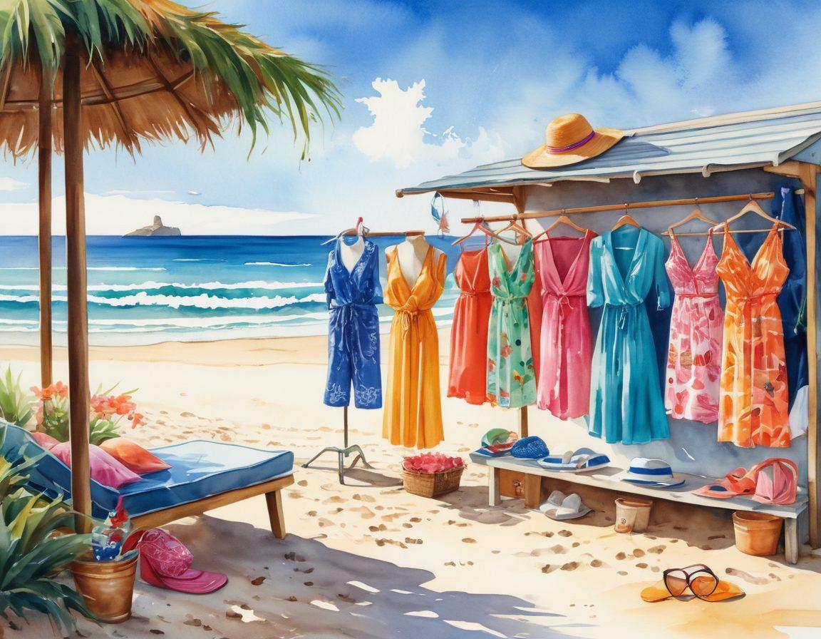 A chic seaside scene featuring an elegant beach boutique filled with vibrant summer clothing and stylish swimsuits hanging on display. Include sun hats and colorful accessories scattered around, with an inviting sandy beach in the background and gentle waves lapping at the shore. Bright sunlight casts a warm glow, enhancing the playful atmosphere of a perfect getaway. watercolor painting. vibrant colors.